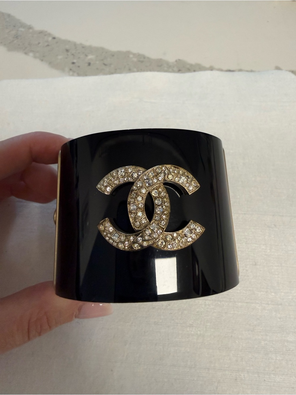 100% Authentic Chanel Crystal-Embellished Black Cuff Bracelet - Picture 2 of 14